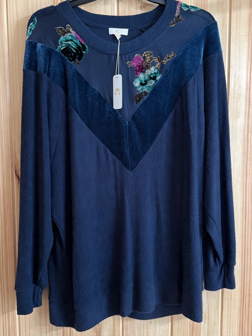 Women’s Navy Floral Velvet Accent Long Sleeve Top